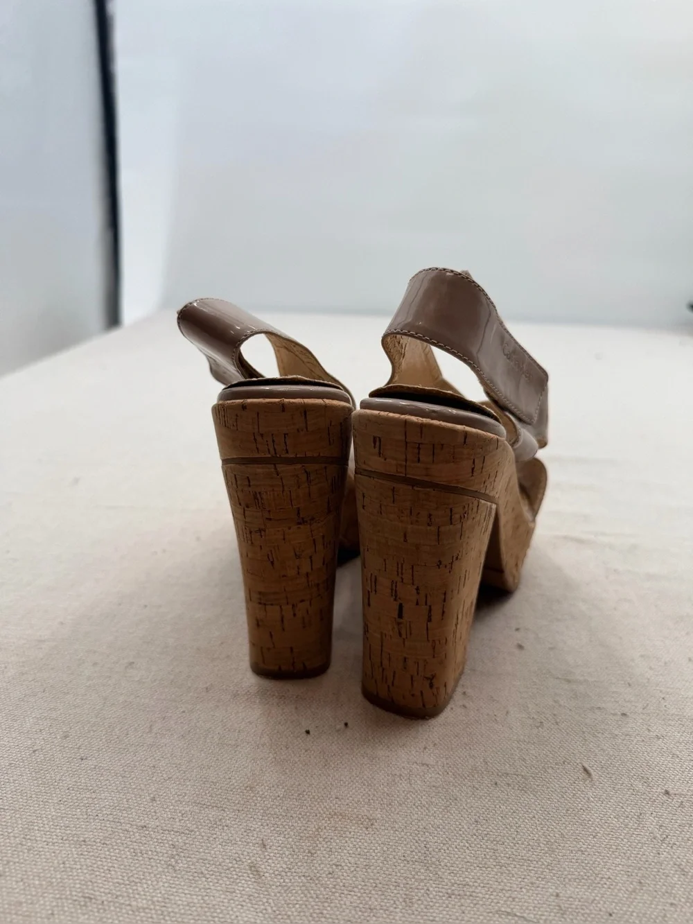 Calvin Klein Neutral Patent Cork Platform Sandals